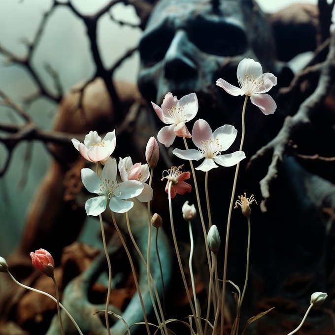 Artistic photograph of delicate white and pink flowers blooming in front of a dark, skeletal figure and twisted branches in muted green and brown tones.