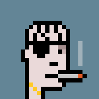 A pixel art image showing a pale pink character with long black hair smoking a cigarette against a solid blue background.