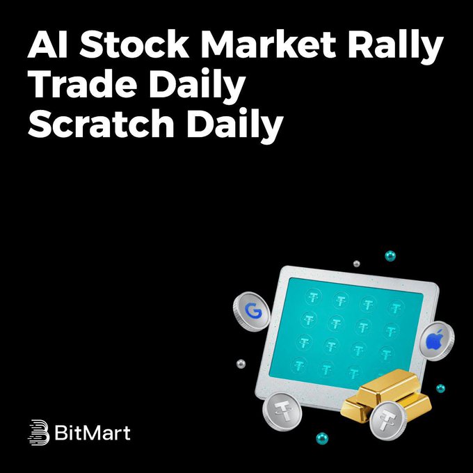 The image features a screenshot of an AI stocks rally trade where gold coins are being scratched off daily to reach 100 scratch chances, with Bitcoin (BTC) coins also involved. The text above the screenshot reads "AI Stock Market Rally Trade Daily Scratch Daily", indicating that this is an AI trading platform offering daily trade opportunities for participants to make use of a trading strategy involving gold and Bitcoin coins.