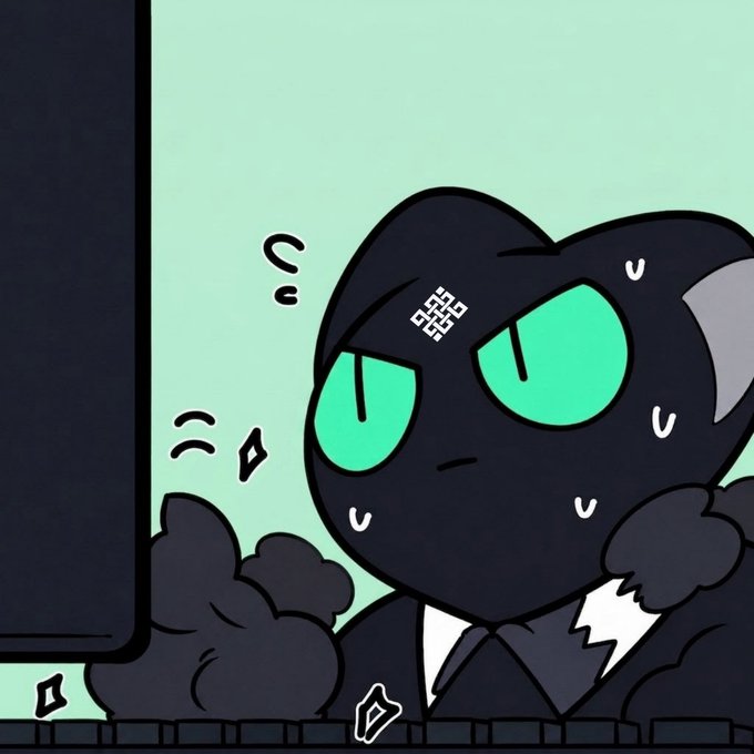 A cartoon black cat with large green eyes and a cross symbol on its forehead looks stressed at a computer monitor, with smoke and sweat drops around it.