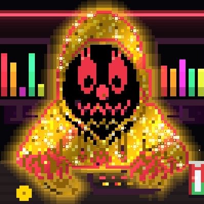 Pixel art image of a hooded figure in gold sequined robe with a red skull face, standing in front of colorful equalizer bars on a dark purple background.