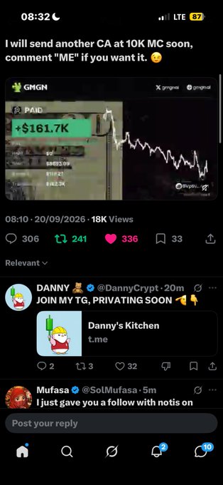 A mobile app screenshot shows a post dated 20/09/2026 about sending another 'CA' at 10K MC, with replies from users @DannyCrypt and @SolMufasa.