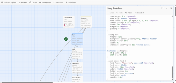 A screenshot of a node-based visual programming interface (Story Stylesheet) showing CSS code for a "GameHeader" with elements like "Start," "Main," "Launchpad," and "GlobalOptions," alongside styling properties including line-height, background gradients, and keyframes for a loading bar animation.