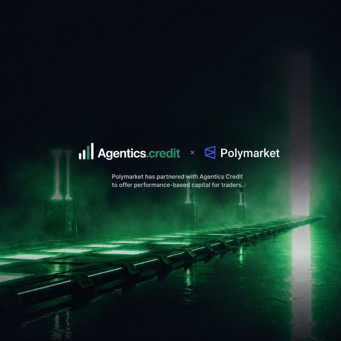 A dark, atmospheric promotional image announcing 'Agentics.credit x Polymarket' with a green-lit industrial setting, stating 'Polymarket has partnered with Agentics Credit to offer performance-based capital for traders.'