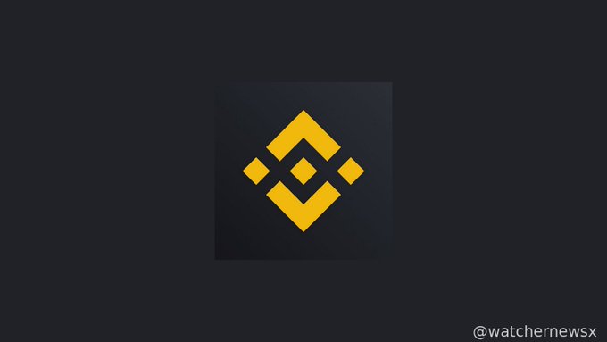 The Binance logo, a yellow geometric design resembling a diamond made of squares, is displayed on a dark background with the text '@watchernewsx' in the bottom right corner.