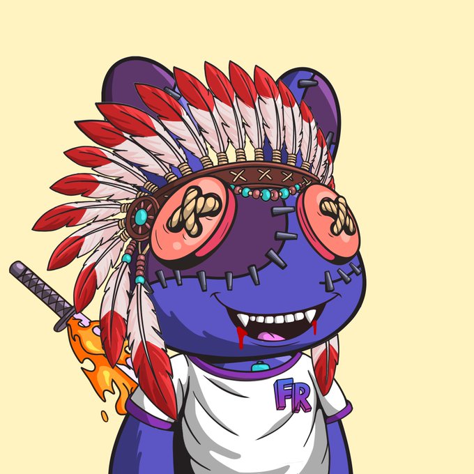 A cartoon blue stitched creature wearing a Native American-style feather headdress and a white 'FR' shirt, with a katana sword on its back, set against a pale yellow background.