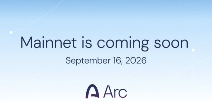 An announcement banner with a light blue background reading 'Mainnet is coming soon' with the date 'September 16, 2026' and the Arc logo.