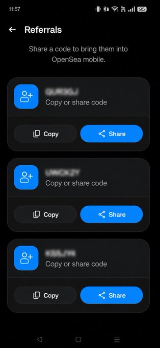The image shows the OpenSea mobile app's Referrals screen displaying three blurred referral codes, each with Copy and Share options, supporting the post's offer to share OpenSea beta invite codes via DM. The screen header reads "Referrals" with the instruction "Share a code to bring them into OpenSea mobile."