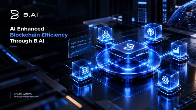 A futuristic, dark blue digital graphic titled "B.AI" advertises "AI Enhanced Blockchain Efficiency Through B.AI." It features a glowing central computer chip surrounded by holographic icons depicting a brain, rocket, document, gears, and chart, with the tagline "Smarter Systems. Stronger Decentralization."