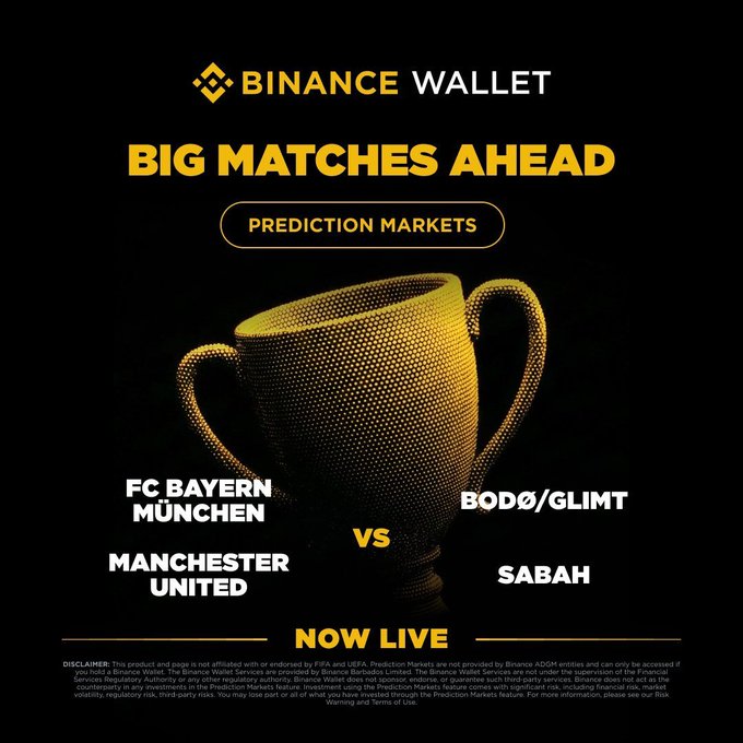A Binance Wallet promotional graphic featuring a golden trophy that announces Prediction Markets are "NOW LIVE" for two European Football League matchups: FC Bayern München vs. Bodø/Glimt and Manchester United vs. Sabah, complementing the post's call to action to start Matchday One with a strong prediction.