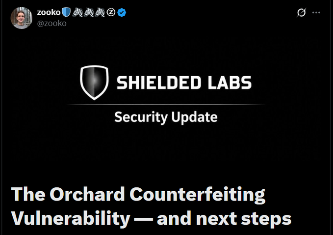 The image shows a screen with information related to the Orchard Counterfeiting vulnerability and how to update security patches.