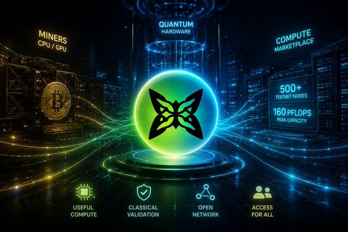 A futuristic digital graphic displaying a glowing green and blue butterfly logo at the center, surrounded by labeled elements including 'MINERS CPU / GPU', 'QUANTUM HARDWARE', 'COMPUTE MARKETPLACE', '500+ TESTNET NODES', '160 PFLOPS PEAK CAPACITY', and bottom icons for 'USEFUL COMPUTE', 'CLASSICAL VALIDATION', 'OPEN NETWORK', and 'ACCESS FOR ALL'.