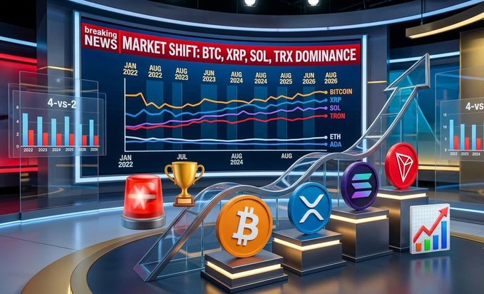 A news studio graphic displays a "Breaking News: Market Shift" banner highlighting BTC, XRP, SOL, and TRX dominance from 2022 to 2026, featuring a podium with trophy icons and cryptocurrency logos ascending on an upward arrow, visually reinforcing the post's claim of capital rotation away from Ethereum and Cardano toward these leading altcoins.