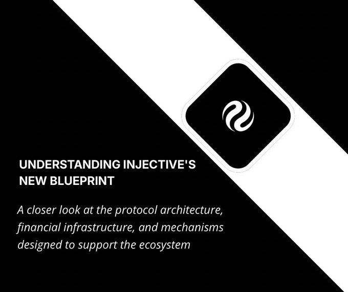A black and white graphic titled "UNDERSTANDING INJECTIVE'S NEW BLUEPRINT" with subtitle "A closer look at the protocol architecture, financial infrastructure, and mechanisms designed to support the ecosystem," featuring the Injective logo in a diamond frame.