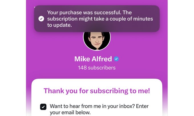A subscription confirmation screen showing "Your purchase was successful" for Mike Alfred, who has 148 subscribers.