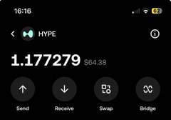 A mobile cryptocurrency wallet interface showing a balance of '1.177279' HYPE tokens (~$64.38) with navigation buttons for Send, Receive, Swap, and Bridge.