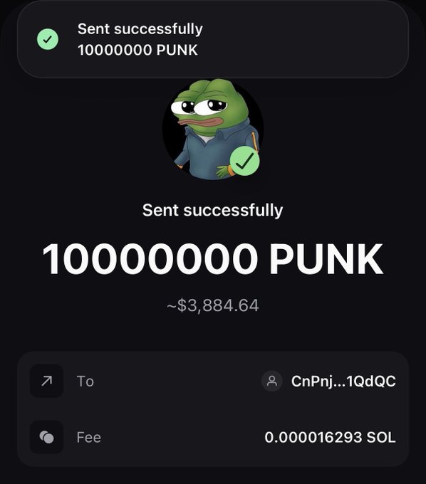 A crypto wallet confirmation screen showing a successful transaction of 10,000,000 PUNK tokens (~$3,884.64) sent to address CnPnj...1QdQC, humorously implying a generous airdrop to "bag workers." The Pepe mascot and massive token amount visually emphasize the tongue-in-cheek promise of rewarding the community.