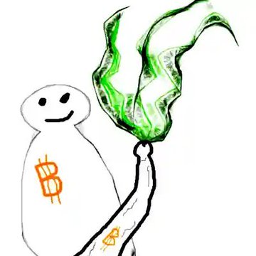 A digital sketch of a smiling stick figure holding a green flame, wearing and holding orange Bitcoin logos.