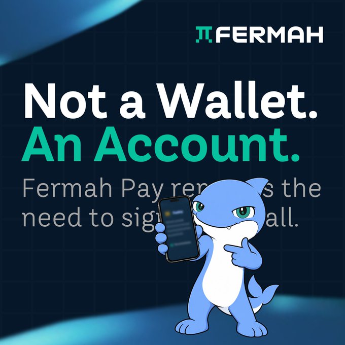 A promotional graphic for 'FERMAH' features a blue cartoon shark mascot holding a smartphone, with the text 'Not a Wallet. An Account.' and 'Fermah Pay removes the need to sign wallets for all.'