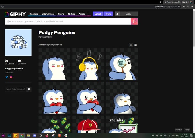 Screenshot of the GIPHY website showing the 'Pudgy Penguins GIFs' channel with @pudgypenguins, displaying a 3x3 grid of penguin GIF stickers.