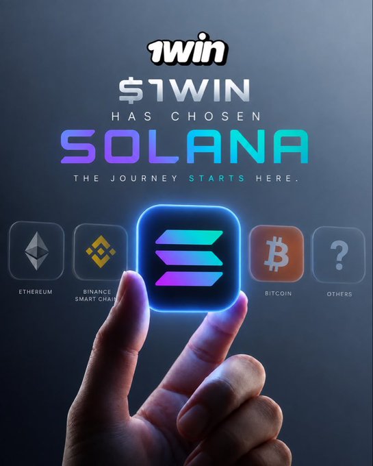 A hand selects the glowing Solana logo from a row of cryptocurrency options (Ethereum, Binance Smart Chain, Bitcoin, and Others) against a dark background, with text reading "1win $1WIN HAS CHOSEN SOLANA THE JOURNEY STARTS HERE." The image visually represents the post's announcement of 1win Token's official launch on the Solana blockchain.