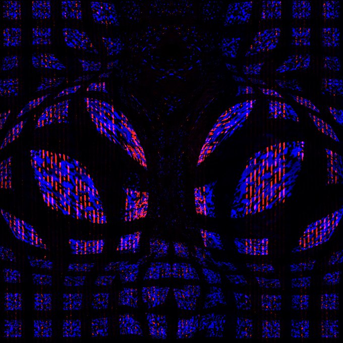 A dark digital artwork featuring symmetrical blue and red glowing pixelated patterns that resemble abstract butterfly wings or mirrored cellular structures against a black background. The geometric, grid-like composition complements the brief caption "Gn" by evoking a mysterious, nocturnal atmosphere reminiscent of glowing circuitry fading into darkness, like a "good night" signal from a digital realm.