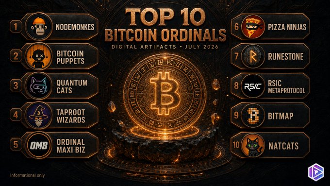A graphic titled "Top 10 Bitcoin Ordinals Digital Artifacts • July 2026" ranking collections including Nodemonkes, Bitcoin Puppets, Quantum Cats, Taproot Wizards, and Ordinal Maxi Biz.