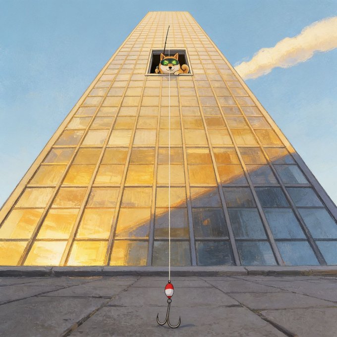 An illustration of a tall pyramid-like building with a cat in sunglasses looking out of a window, holding a fishing line with a bobber over a fishhook on the ground below.