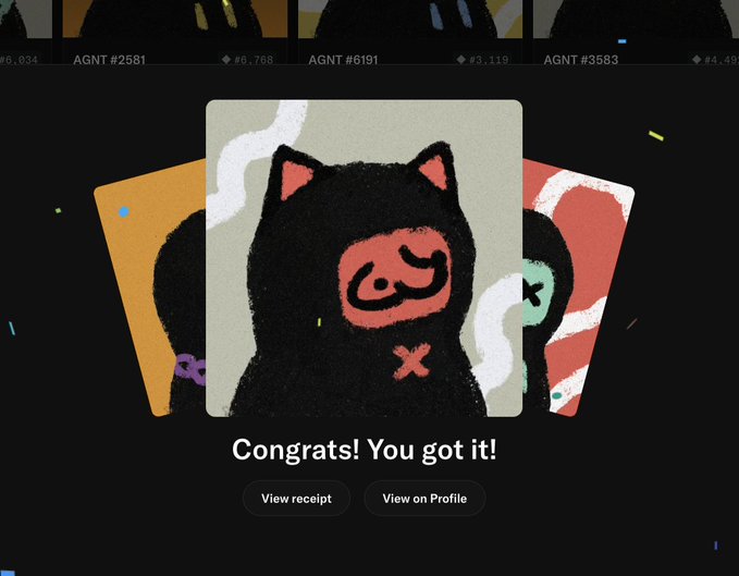A digital interface displays three cards, with the central card showing a stylized black cat illustration, and a 'Congrats! You got it!' message with 'View receipt' and 'View on Profile' buttons below, alongside agent numbers at the top.