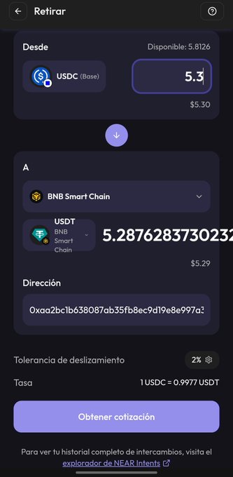 A mobile crypto withdrawal screen showing a transfer of 5.3 USDC (Base) to USDT on BNB Smart Chain, with a quoted amount of 5.2876283730232 USDT and 2% slippage tolerance.