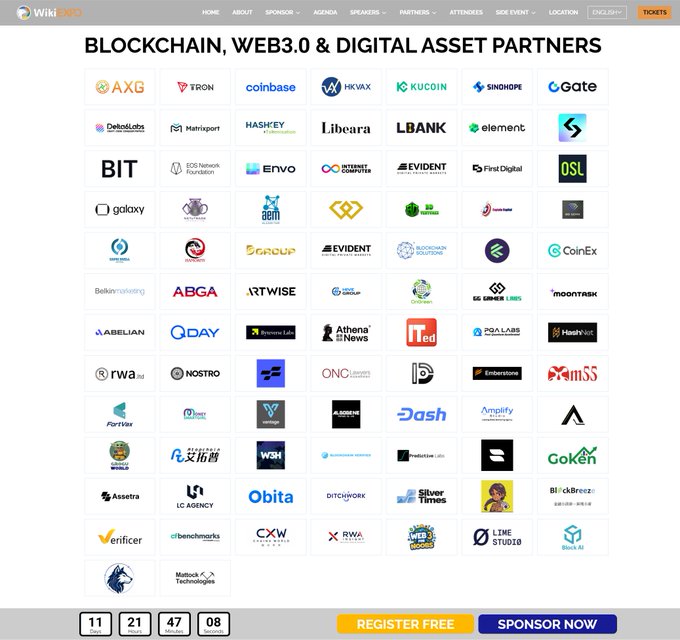 A webpage from WikiExpo displaying a grid of partner logos under the heading "BLOCKCHAIN, WEB3.0 & DIGITAL ASSET PARTNERS," including companies like AXG, TRON, Coinbase, KuCoin, and Gate, with a "REGISTER FREE" button and countdown timers at the bottom.