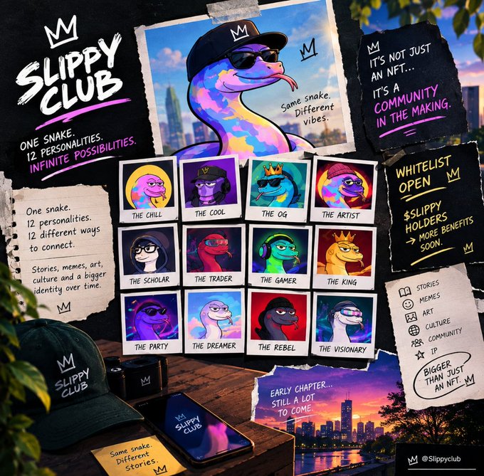 Promotional collage for "Slippy Club" NFT community featuring a colorful snake mascot with 12 different personalities including The Chill, The Cool, The OG, and The Artist, with a whitelist open.