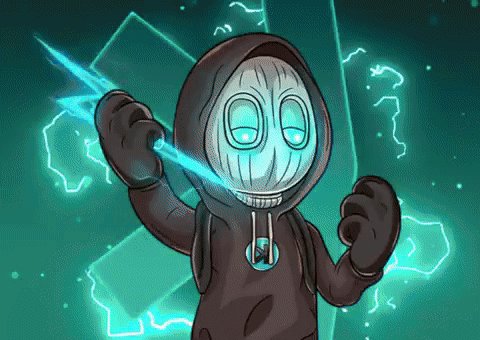 The image features a cartoon character with a hooded sweatshirt, blue eyes, and a mask that looks like a skull or a monster. The character has their hands raised in front of them, holding a lightning bolt. The background of the image is green, which gives it an otherworldly feel. The caption below the image reads "Some dope $KAS art Cheers @LevendiPro".