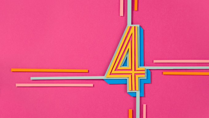 A retro-style graphic of the number '4' in layered orange, blue, and white on a bright pink background with colorful horizontal stripes.