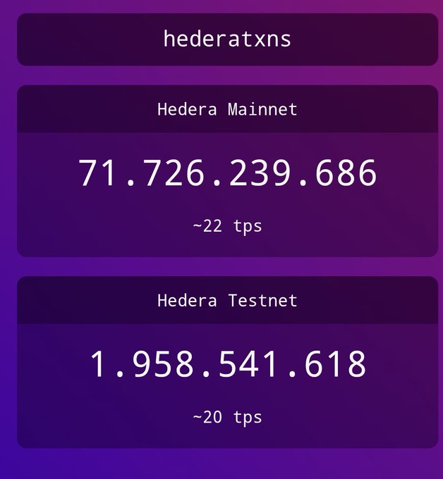 A Hedera network status display showing the Hedera Mainnet processing 71,726,239,686 transactions at ~22 tps and the Hedera Testnet processing 1,958,541,618 transactions at ~20 tps.