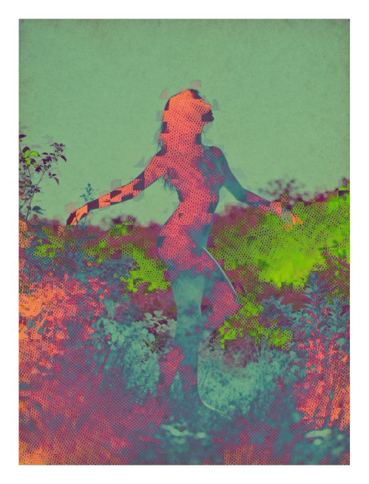 A digital artwork of a humanoid figure with cat ears rendered in pink and teal tones, standing in a vibrant, halftone-dotted landscape with green and purple flora.
