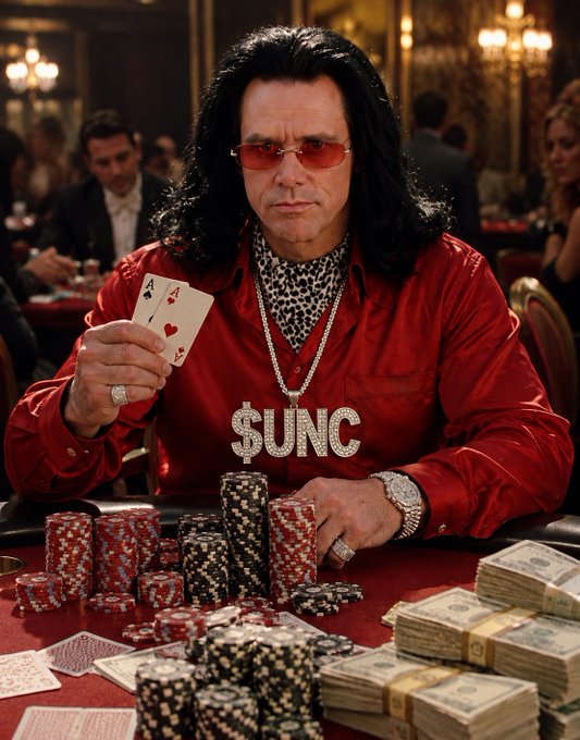 A man with long black hair wearing red-tinted sunglasses and a red satin shirt sits at a casino poker table with stacks of chips and cash, displaying a large "$UNC" pendant necklace and holding pocket aces.