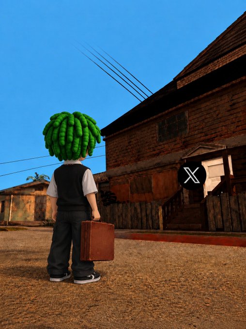 A figure with bright green dreadlocks wearing a vest and holding a brown briefcase stands facing a brick building in a video game environment, with a blurred X logo overlay on the right.
