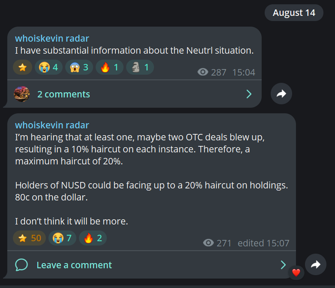 Telegram posts from 'whoiskevin radar' discussing substantial information about the Neutrl situation, mentioning OTC deals and a 20% haircut on NUSD holdings.