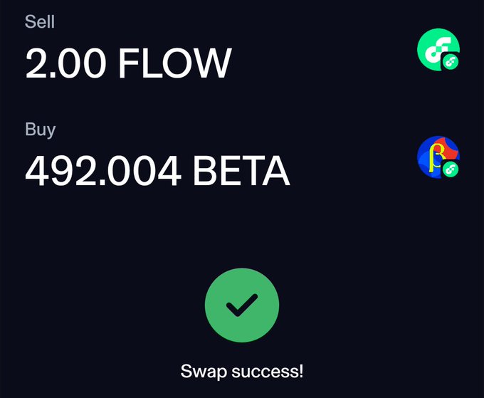 A cryptocurrency swap confirmation screen showing the successful trade of 2.00 FLOW sold in exchange for 492.004 BETA purchased.