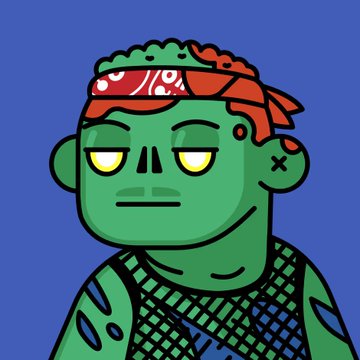 A digital illustration of a green-skinned zombie-like cartoon character with yellow eyes, wearing a red bandana and a green checkered vest against a blue background.