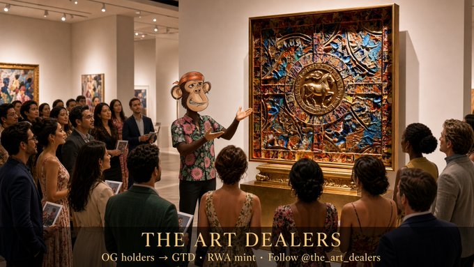 An art gallery scene with a person in a monkey mask and floral shirt presenting a large ornate tapestry artwork to a crowd of attendees, labeled 'THE ART DEALERS' with OG holders → GTD · RWA mint · Follow @the_art_dealers.