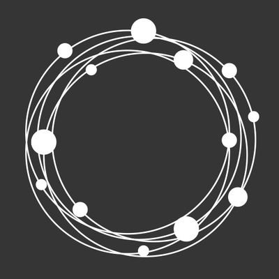 A minimalist white circular logo design features an arrangement of varying-sized dots connected by overlapping thin lines against a dark gray background.