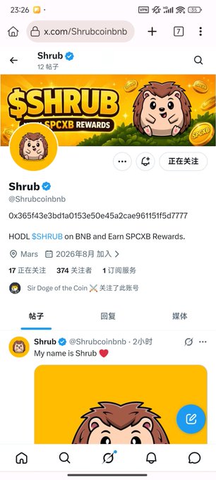 The image shows the X/Twitter profile of "$SHRUB" (@Shrubcoinbnb), displaying 17 following, 374 followers, 1 subscribed, and an official featured tag noting "Sir Doge of the Coin" has subscribed, with the pinned contract address 0x365f43e3bd1a0153e50e45a2cae961151f5d7777. The screenshots supports the post's complaint—despite being endorsed by Doge and just being created, the account shows minimal follower growth (374) and very low engagement, reinforcing the author's suspicion of a conspiracy or suppressed traffic.