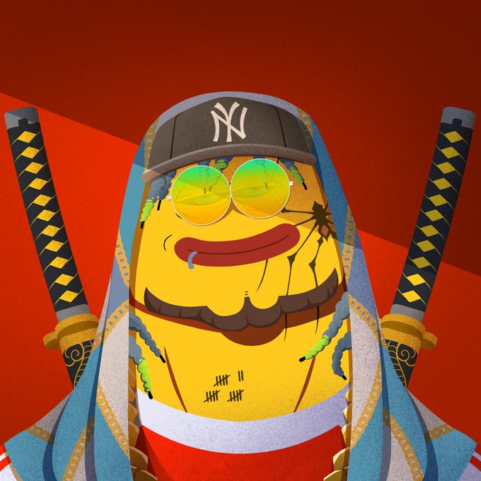 A 3D-rendered yellow character wears a New York Yankees cap, reflective green sunglasses, a blue robe, and carries two katanas against a red background.