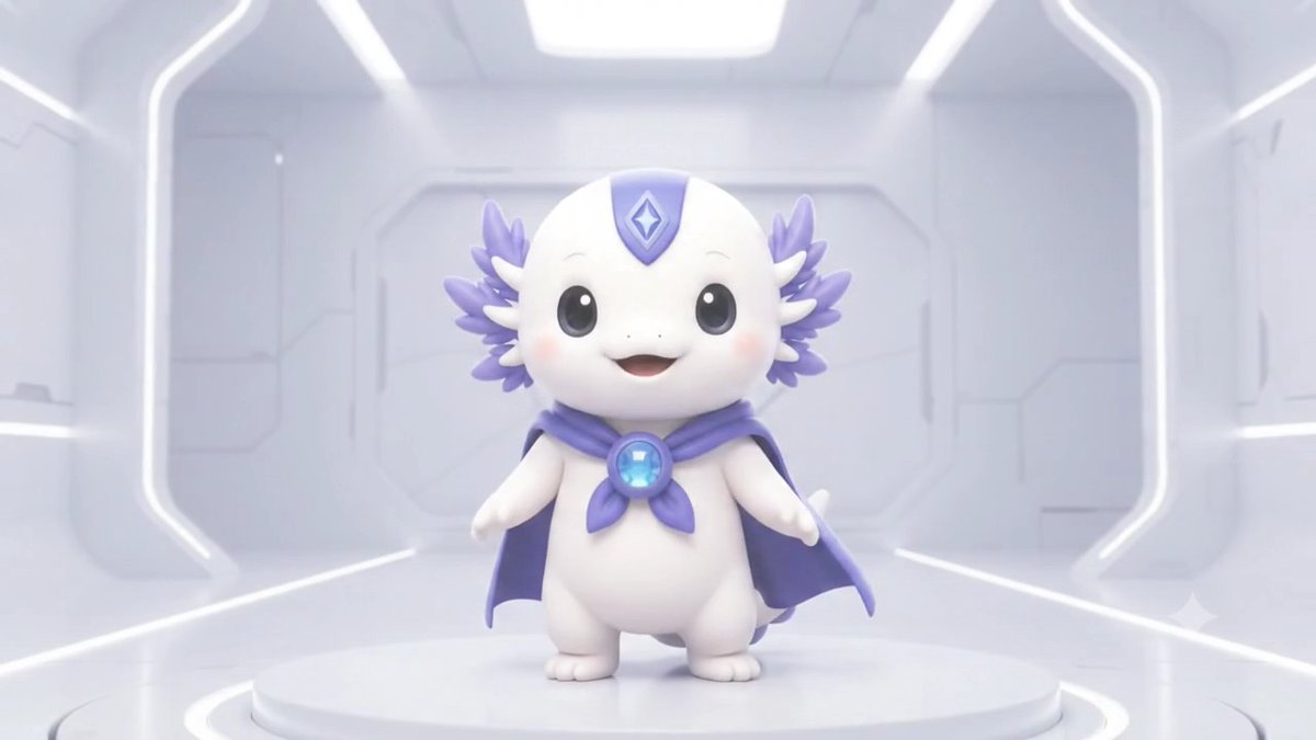 A 3D-rendered axolotl-like character wearing a purple cape and a gem pendant, standing on a platform in a futuristic white room.