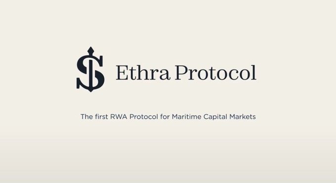 A minimalist logo design for 'Ethra Protocol' featuring a stylized dollar sign icon, with the tagline 'The first RWA Protocol for Maritime Capital Markets' beneath it.