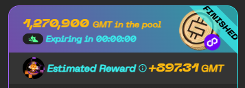 A crypto reward screen showing 1,276,900 GMT in the pool, expiring in 00:00:00, with an estimated reward of +597.31 GMT.
