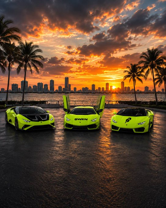 Three neon-yellow Lamborghinis sit parked facing the water at sunset, their bright paint jobs mirroring the meme's punchline about finally "wen Lambo" — with the center car playfully tagged "SWEN" and the right hood featuring a feather quill referencing "Lyvo." The flashy supercar lineup against the Miami-like skyline embodies the crypto dream of Lambo wealth.