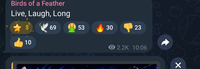 Interface showing a post titled "Birds of a Feather / Live, Laugh, Long" with reaction emojis (star, dove, shocked face, fire, thumbs down, thumbs up) and 2.2K views.